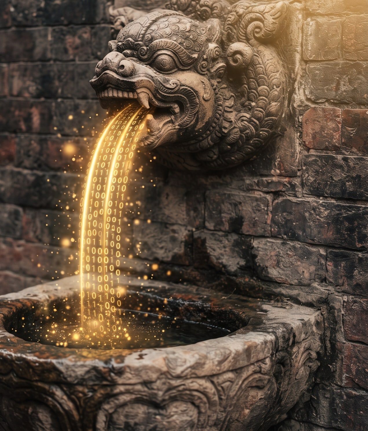 A carved stone dhunge dhara water spout on an old brick wall, pouring a stream of glowing gold data into a stone basin.