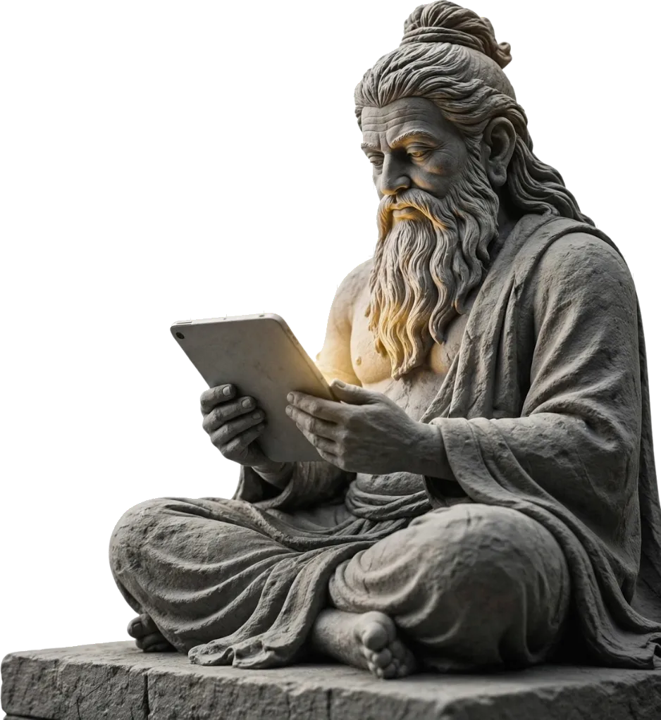 Stone sculpture of a bearded elder with a topknot, sitting cross-legged on a stone plinth and reading a glowing tablet.