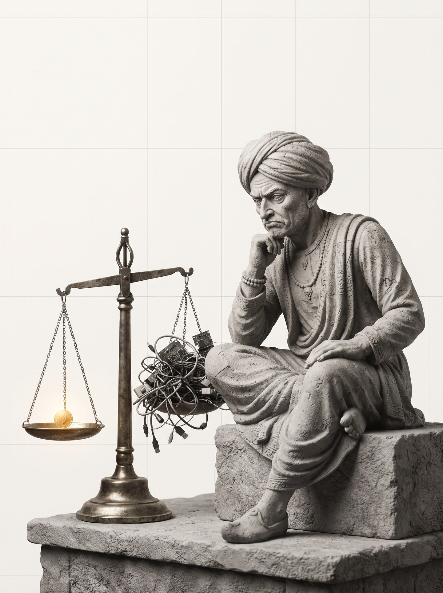 Stone sculpture of a merchant in a turban, chin on hand, weighing a tangle of cables against a single gold coin on a balance scale.