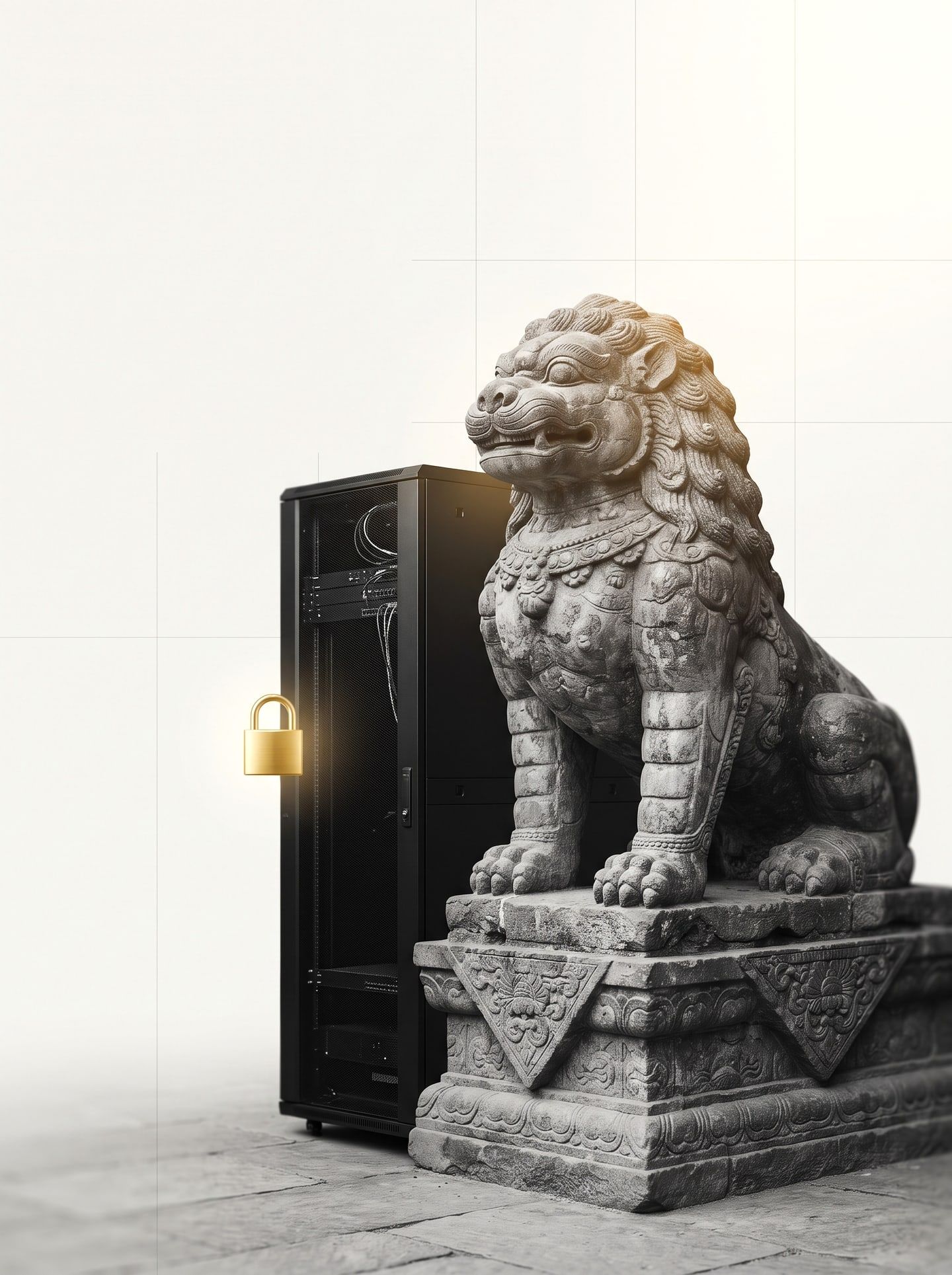 A stone singha lion on a carved plinth, sitting guard beside a black server cabinet with a small gold padlock.