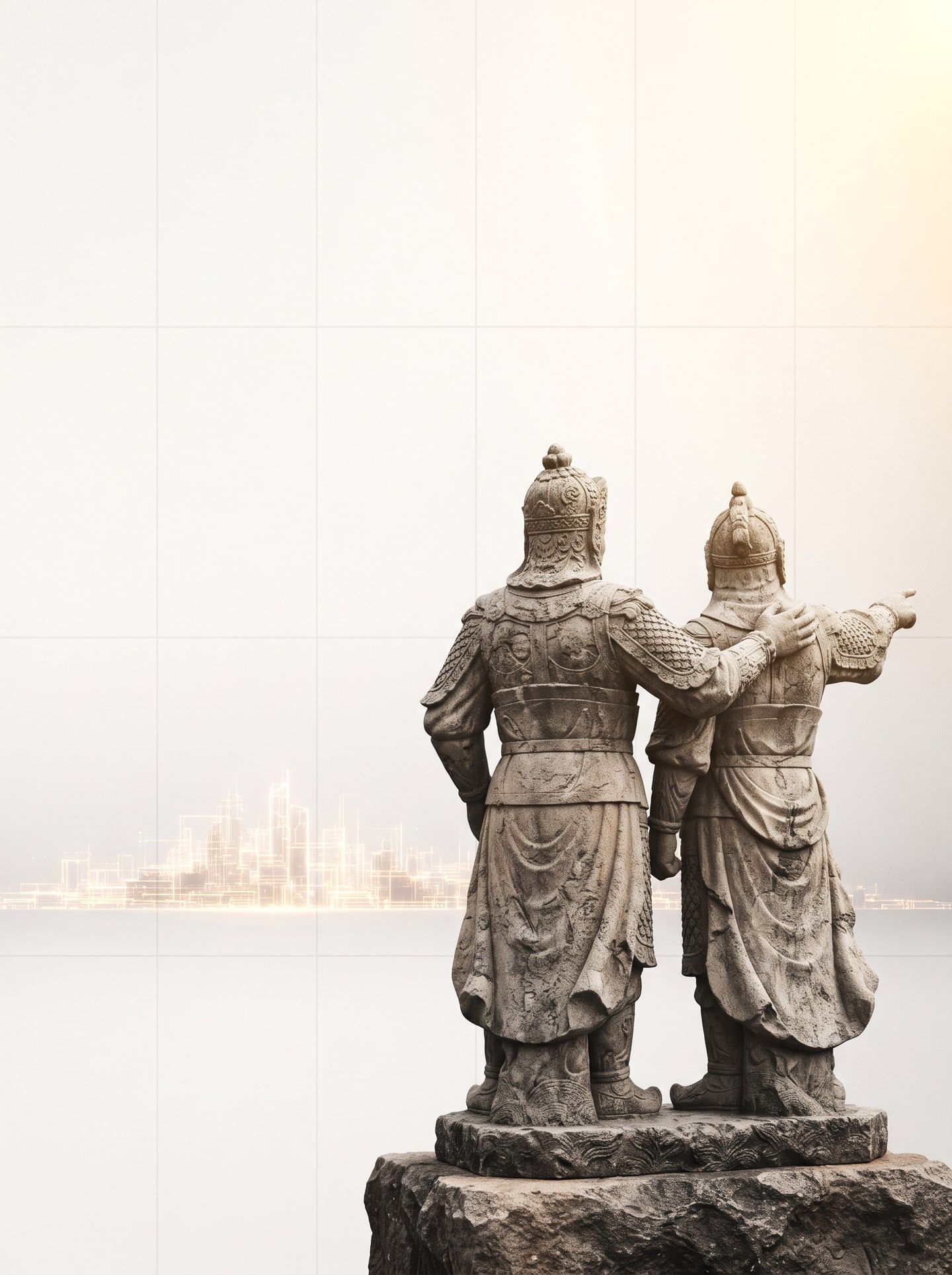 Two stone warriors in carved armour, one with an arm around the other, pointing toward a glowing city on the horizon.