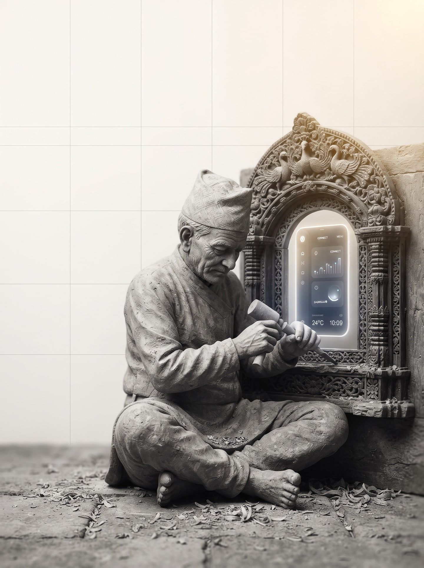 Stone sculpture of an elderly craftsman in a dhaka topi carving a Newari wooden window, with an app screen glowing inside the frame.