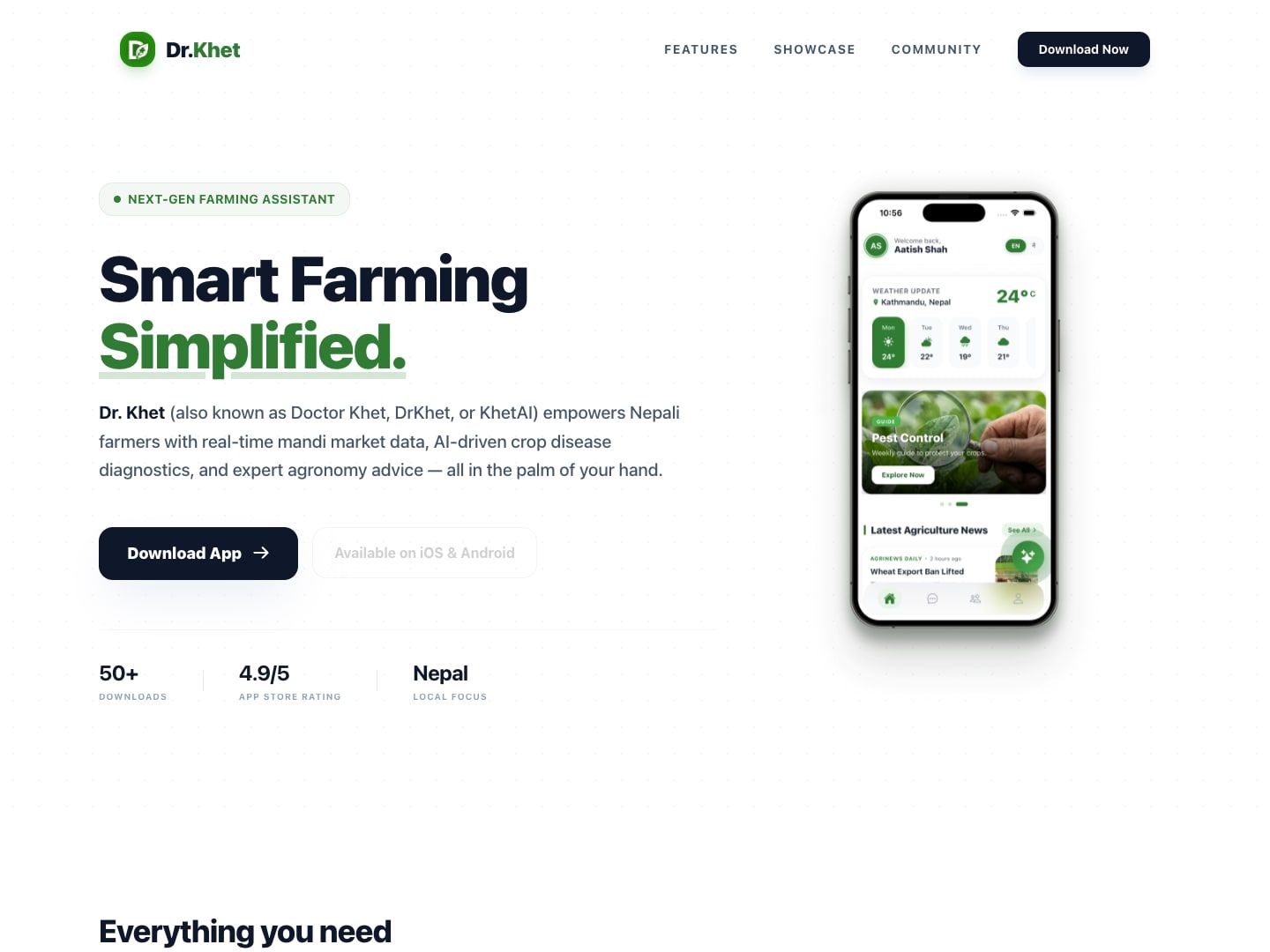 Dr. Khet homepage: the headline 'Smart Farming Simplified' beside a phone showing the app's weather, pest control and news screens.