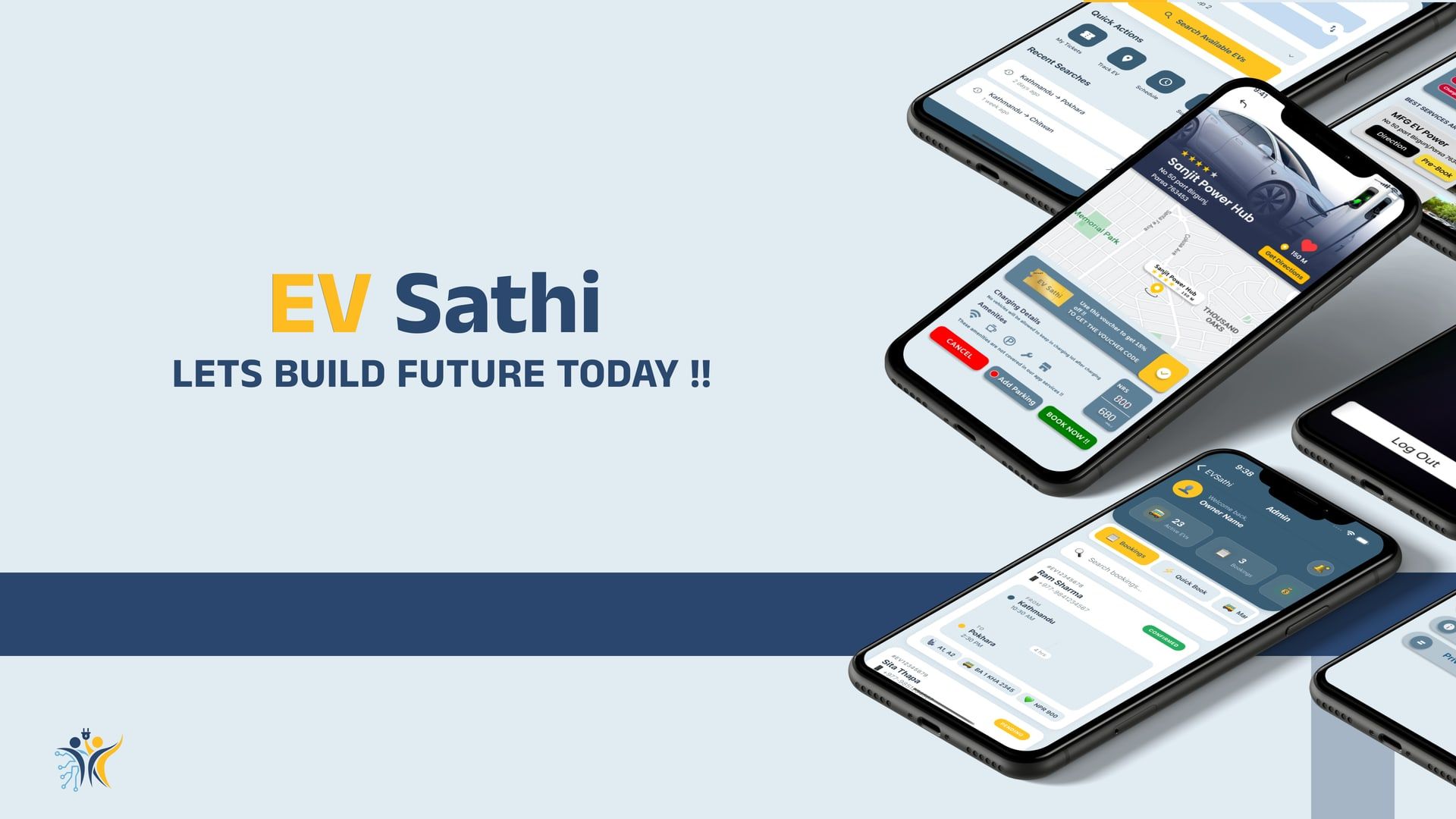 EV-Sathi app screens on three phones: a charging station on a map with Book Now and Add Parking buttons, quick search, and an owner dashboard.