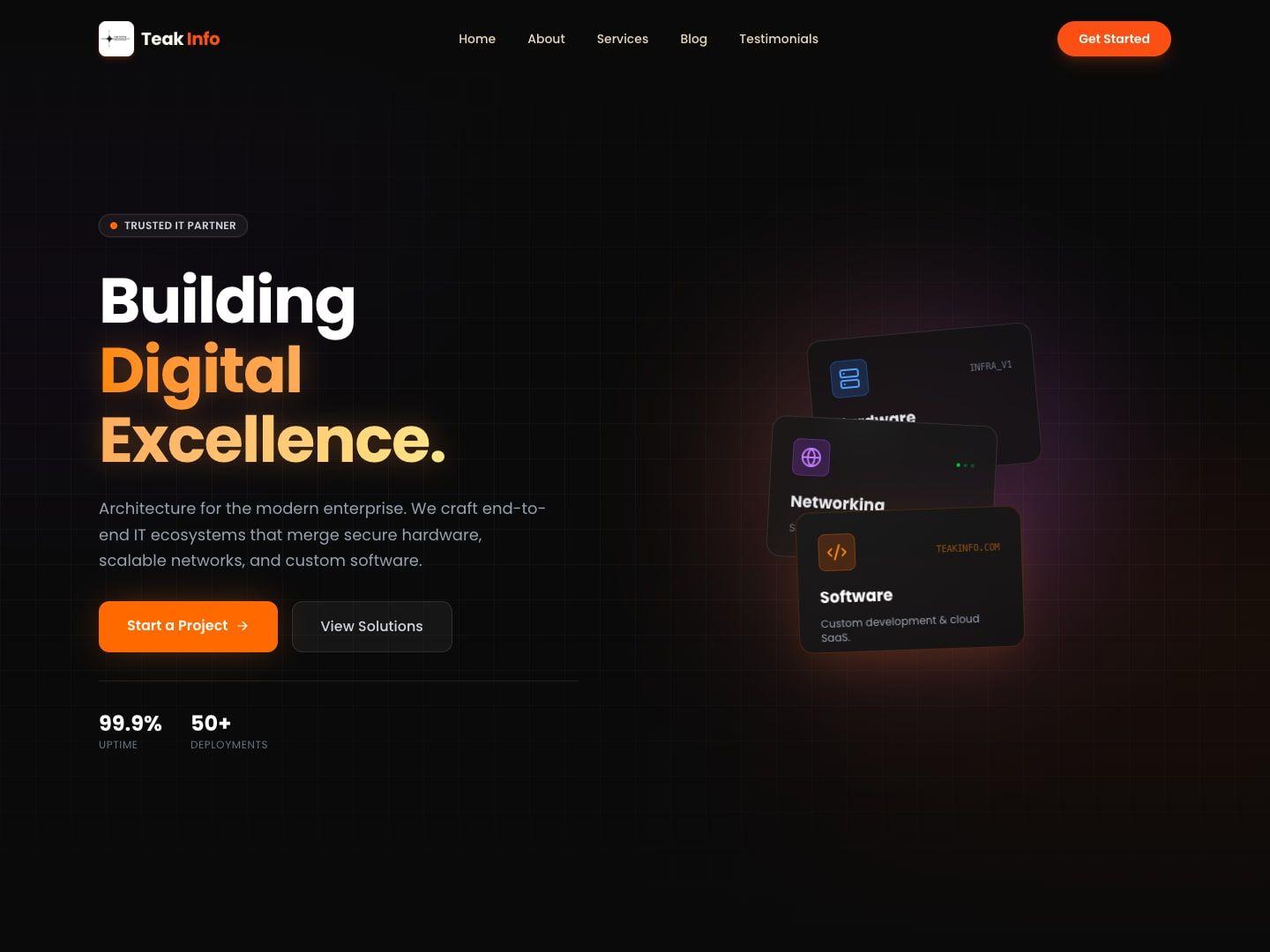 Teak Info homepage on a dark background: the headline 'Building Digital Excellence' with cards for hardware, networking and software.